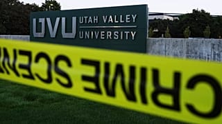 Crime scene tape surrounds Utah Valley University after Turning Point USA CEO and co-founder Charlie Kirk was shot and killed, 13 September, 2025