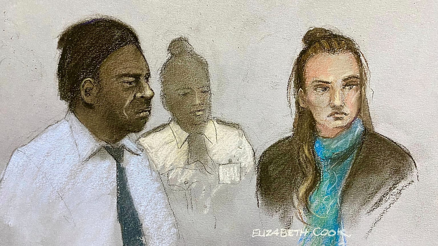Diese Gerichtszeichner-Skizze von Elizabeth Cook zeigt Mark Gordon und Constance Marten bei ihrem Auftritt im Old Bailey in London. Courtesy: Elizabeth Cook