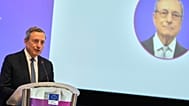 Author Mario Draghi addresses the audience during the conference "One Year After the Draghi Report" at the EU Charlemagne building in Brussels, Tuesday, Sept. 16, 2025.