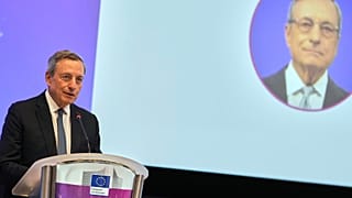 Author Mario Draghi addresses the audience during the conference "One Year After the Draghi Report" at the EU Charlemagne building in Brussels, Tuesday, Sept. 16, 2025.