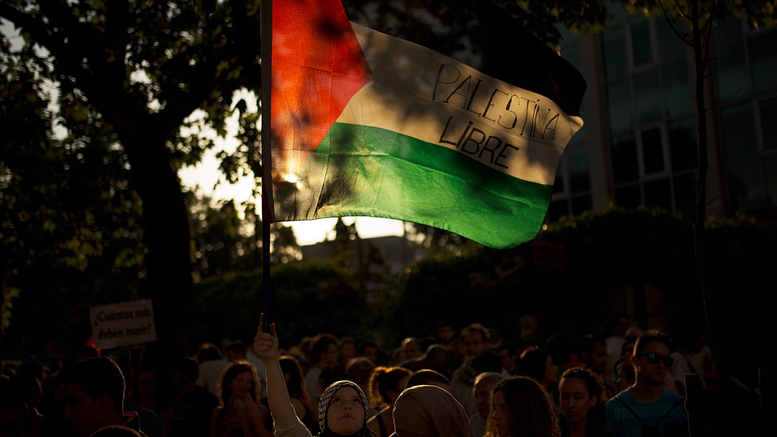 Un manifestante sostiene una bandera palestina durante una manifestación contra los ataques aéreos israelíes en la Franja de Gaza en Madrid, España, el 24 de julio de 2014.