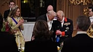 U.S. President Donald Trump, centre, Britain's King Charles and Kate, Princess of Wales, attend the State Banquet in Windsor Castle, England, on day one of U.S. President Dona
