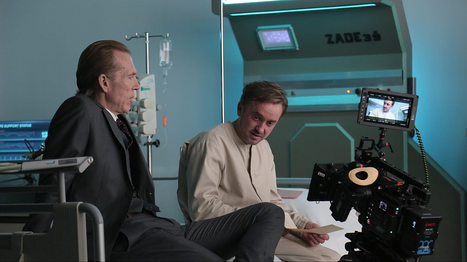 Actors Richard Brake as Frank Kessler and Tom Felton as Leon on the set of Altered