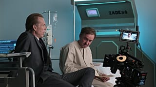 Actors Richard Brake as Frank Kessler and Tom Felton as Leon on the set of Altered