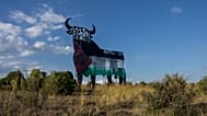 A Spanish fighting bull billboard painted with the colours of the Palestinian flag on the outskirts of Madrid, 28 May, 2024