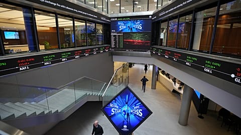 FTSE market information is displayed inside the London Stock Exchange, in the City of London. 17 March 2025.