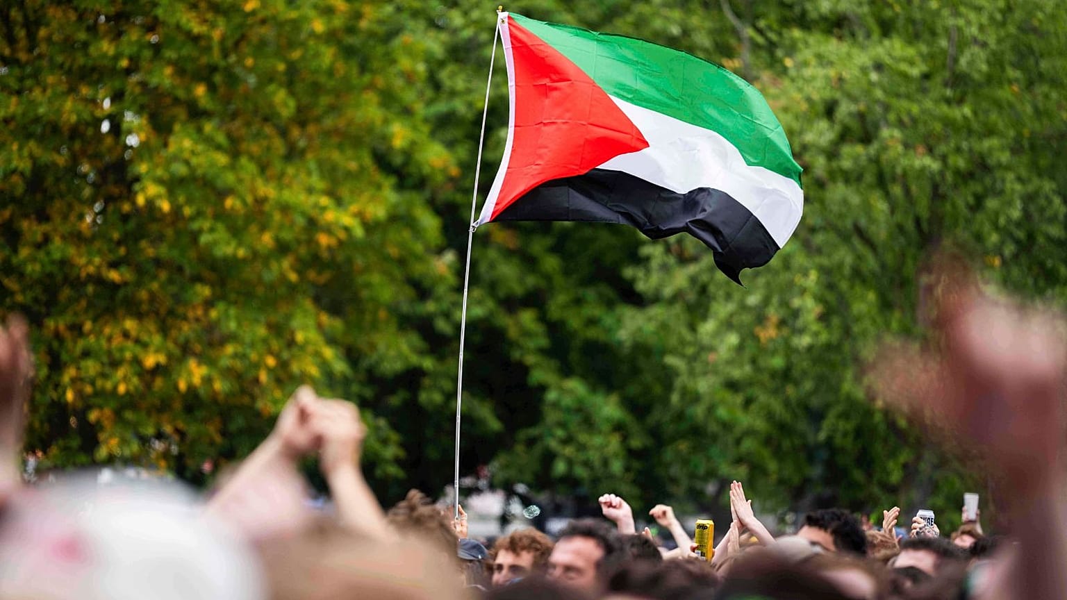 پرچم فلسطین در یکی از راهپیمایی‌های طرفداران حقوق فلسطینی‌ها