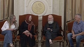 Peter and Barbie Reynolds seated with their daughter and others at the presidential hall at Doha old airport in Doha, Qatar, Friday, Sept. 19, 2025. 