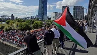 پرچم فلسطین در یکی از راهپیمایی‌های هواداران حقوق فلسطینی‌ها
