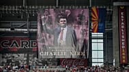 A banner for conservative activist Charlie Kirk is seen during a memorial service at State Farm Stadium in Glendale, 21 September 2025
