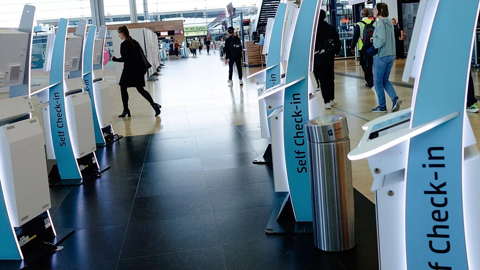Check-in counters at a terminal at Berlin's Brandenburg airport, in Schönefeld, Germany.