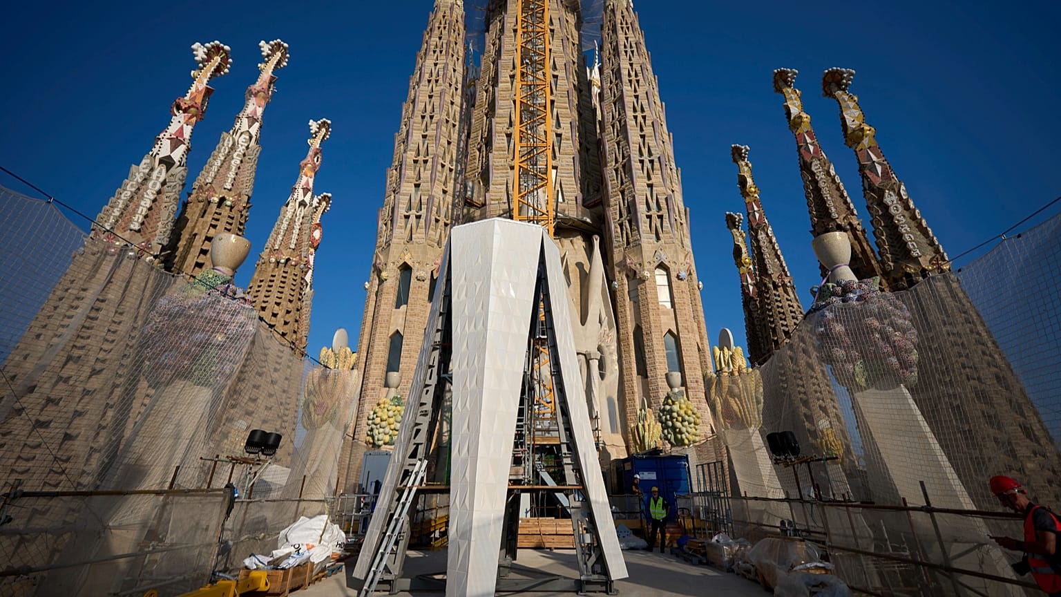 Rooftop view: Part of the new tower that will crown the Sagrada Familia in Barcelona, making it Europe's biggest Christian church
