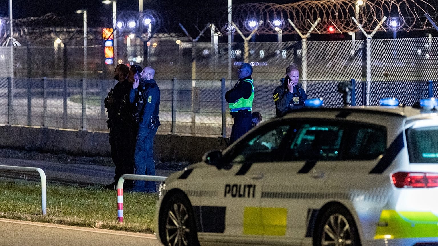 Danish police patrol at Copenhagen Airport, Denmark, Monday Sept. 22, 2025.
