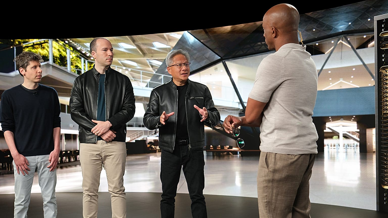 Nvidia CEO Jensen Huang in the company of OpenAI CEO Sam Altman and OpenAI President Greg Brockman.