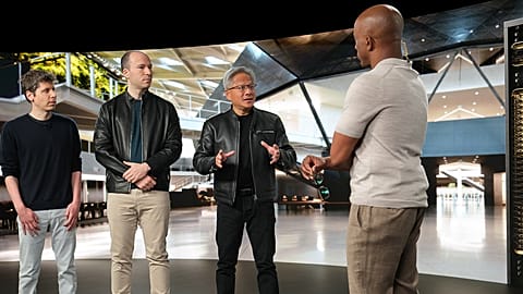 Nvidia CEO Jensen Huang in the company of OpenAI CEO Sam Altman and OpenAI President Greg Brockman.