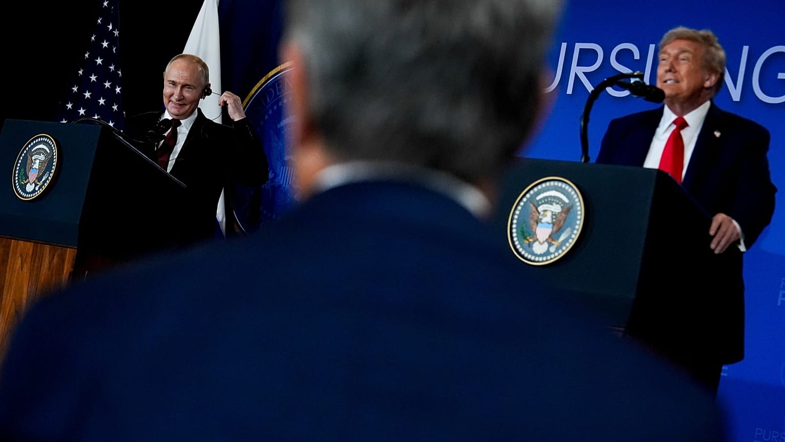 FILE: US President Donald Trump listens as Russia's President Vladimir Putin speaks during a news conference at Joint Base Elmendorf-Richardson in Anchorage, 15 August 2025