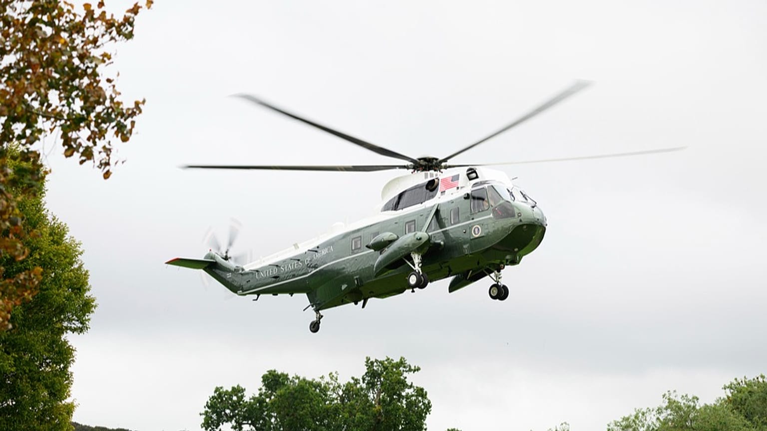 FILE: Marine One comes into land as President Donald Trump arrives at Chequers, near Aylesbury, England, Thursday, Sept. 18, 2025.
