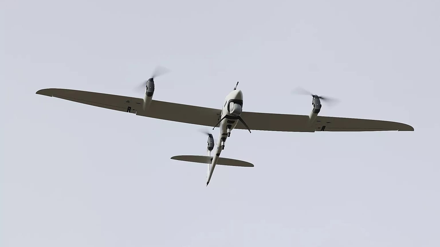 A Vector reconnaissance drone of the Munich-based company Quantum Systems is demonstrated at the trade fair in Düsseldorf, 19 February, 2025