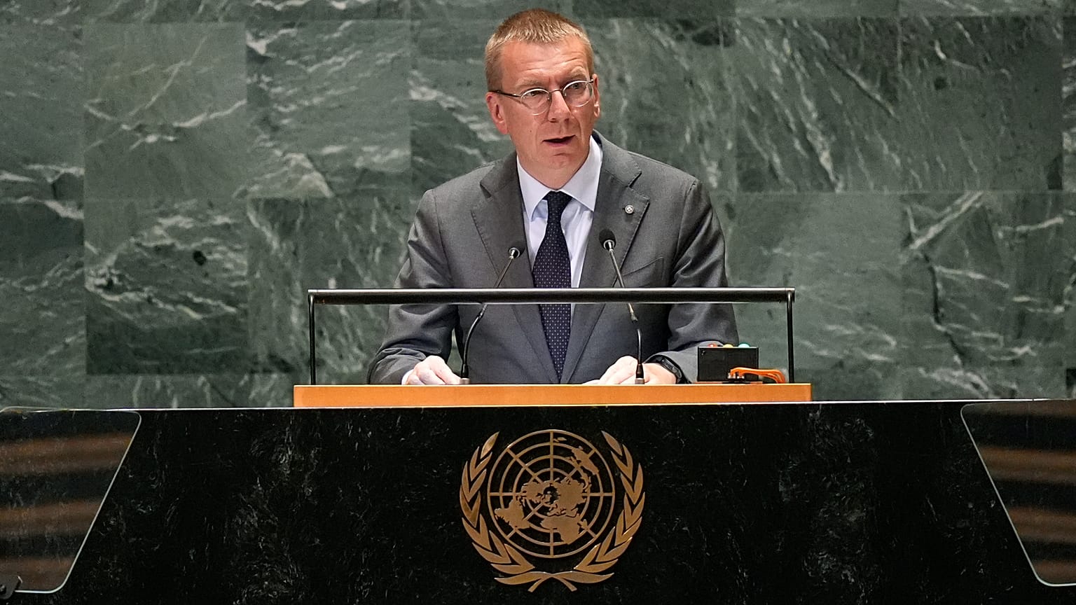 President of Latvia Edgars Rinkevics addresses the 79th session of the United Nations General Assembly, Tuesday, Sept. 24, 2024