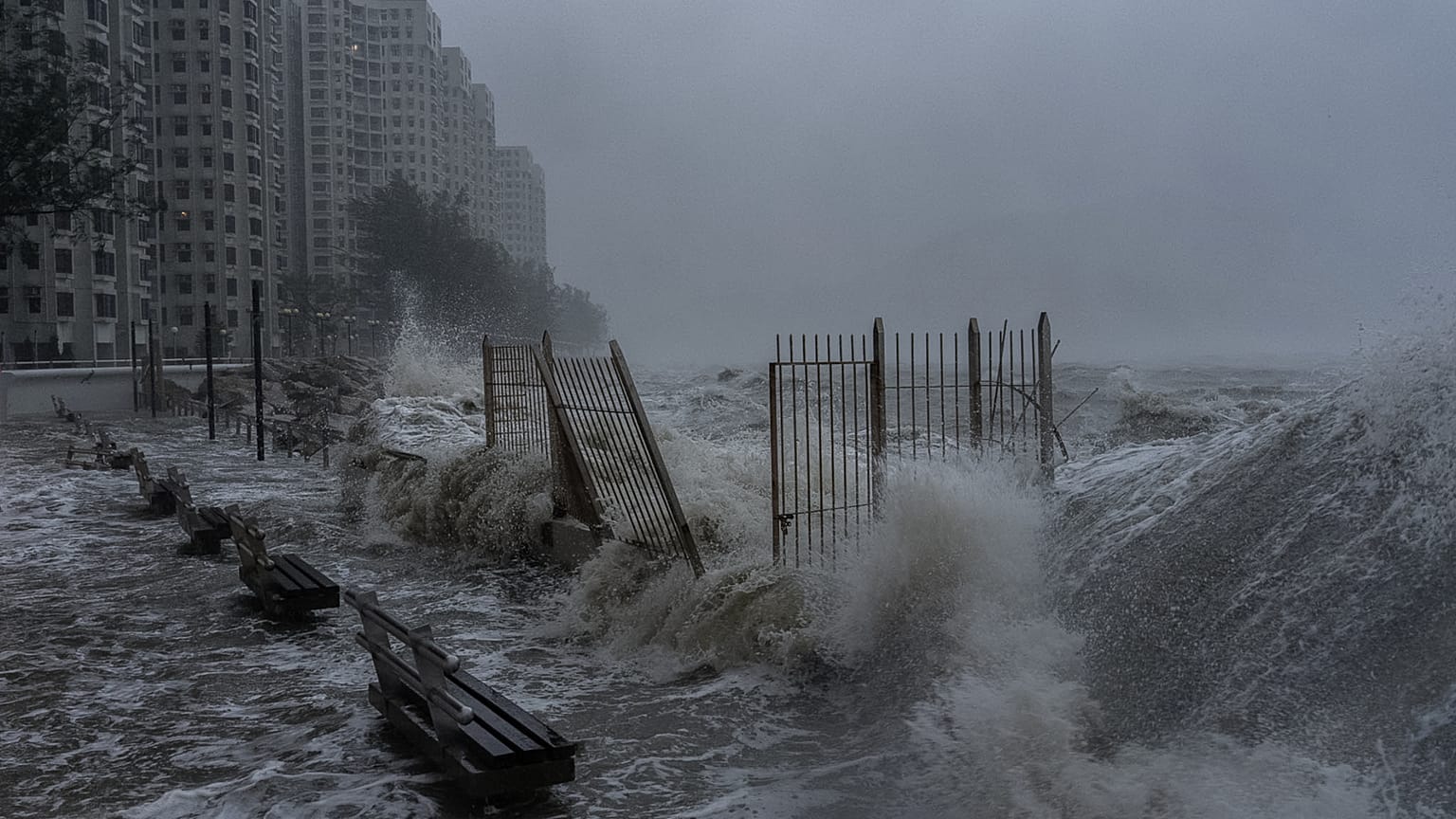 Strong waves crash against the waterfront in Heng Fa Chuen area as Super Typhoon Ragasa approaches in Hong Kong, Wednesday, Sept. 24, 2025. 
