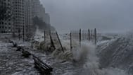 Strong waves crash against the waterfront in Heng Fa Chuen area as Super Typhoon Ragasa approaches in Hong Kong, Wednesday, Sept. 24, 2025. 