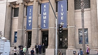 Media and pedestrians gather in in front of the Jimmy Kimmel Live studio on Hollywood Blvd., on Tuesday, Sept. 23, 2025, in Los Angeles.