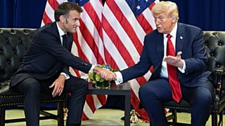 Donald Trump e Emmanuel Macron na Assembleia Geral das Nações Unidas, em Nova Iorque, na terça-feira, 23 de setembro de 2025.
