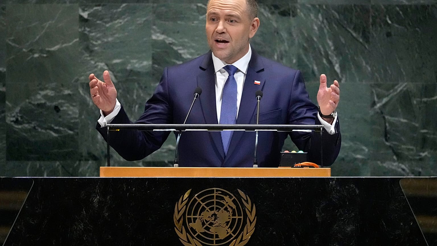 Prezydent Polski Karol Nawrocki przemawia na 80. sesji Zgromadzenia Ogólnego Narodów Zjednoczonych, wtorek, 23 września 2025 r., w siedzibie ONZ. (AP Photo/Pamela Smith)