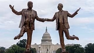 A work of protest art representing President Donald Trump and Jeffrey Epstein is seen on the National Mall near the Capitol, Tuesday, Sept. 23, 2025, in Washington.
