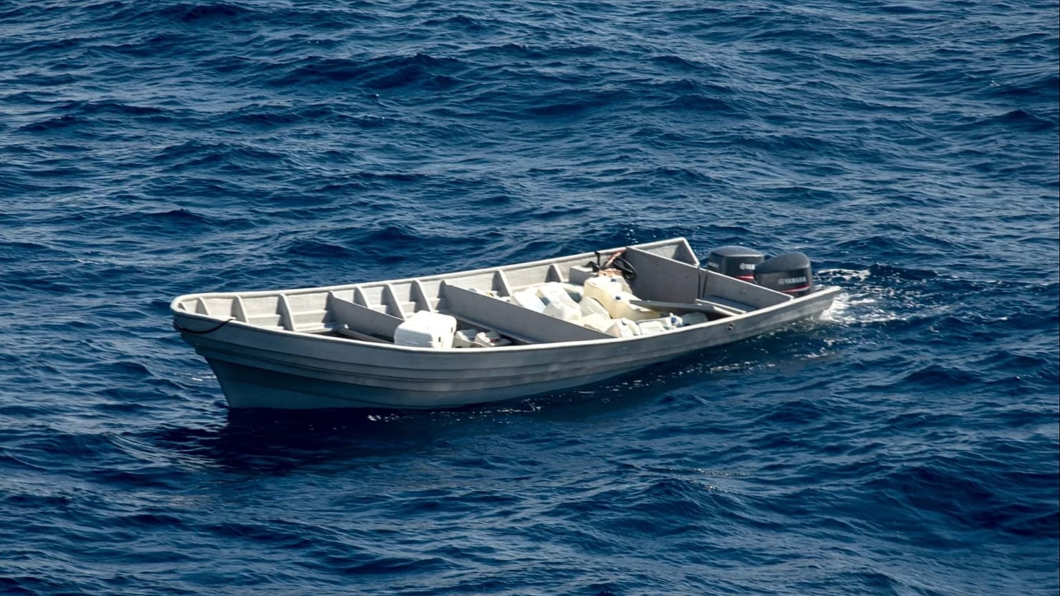 A suspected drug-smuggling vessel floats in international waters of the Eastern Pacific Ocean, 27 November, 2019