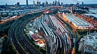 Trains are parked outside the central train station in Frankfurt, Germany, Tuesday, March 12, 2024. 
