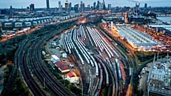 Trains are parked outside the central train station in Frankfurt, Germany, Tuesday, March 12, 2024. 