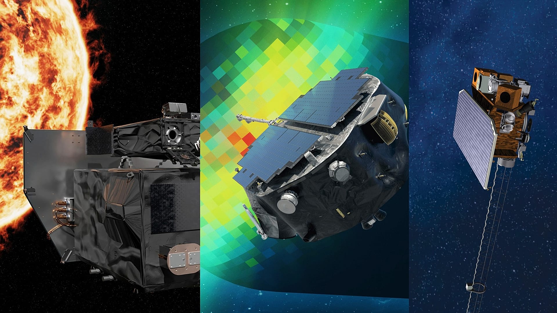 A partir da esquerda, esta imagem mostra o Observatório Geocorona Carruthers da NASA, o IMAP e o satélite Space Weather Follow On-Lagrange 1 (SWFO-L1) da NOAA.