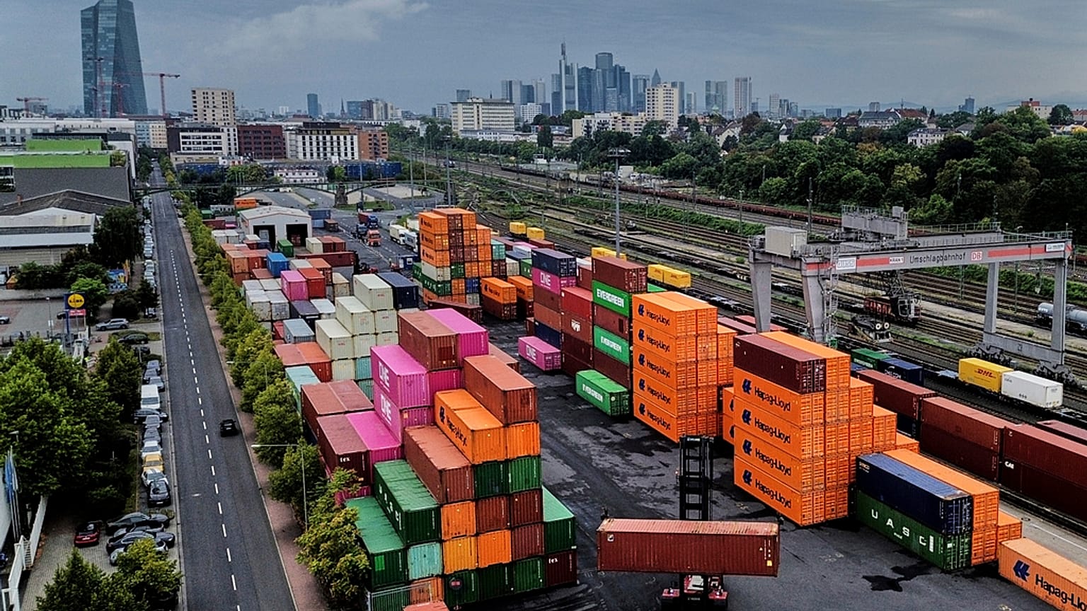 Containers are piled upon a cargo terminal in Frankfurt, Germany. 9 Sept. 2025.