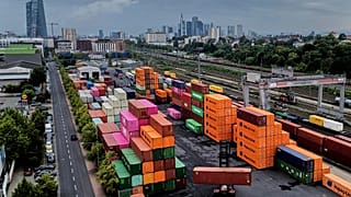 Containers are piled upon a cargo terminal in Frankfurt, Germany. 9 Sept. 2025.