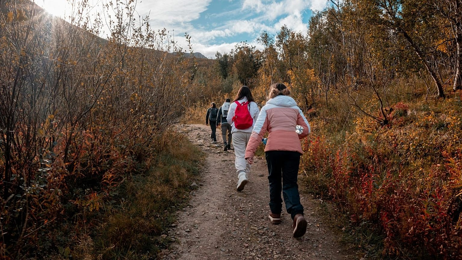 A hiking group walks.