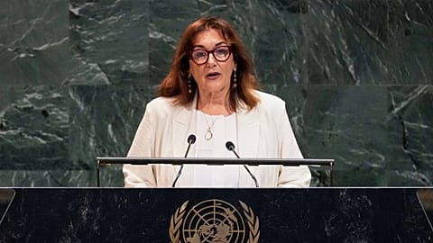 Komisarz Unii Europejskiej ds. regionu Morza Śródziemnego Dubravka Suica przemawia przed Zgromadzeniem Ogólnym ONZ, poniedziałek, 28 lipca 2025 r.