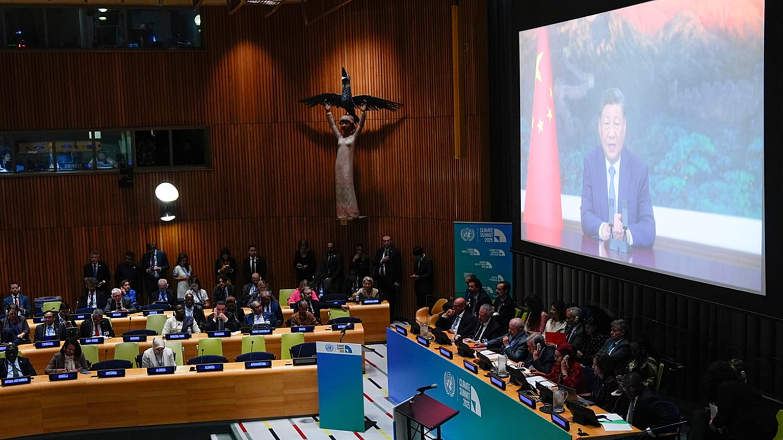 Chinese President Xi Jinping virtually addresses climate summit, Wednesday, Sept. 24, 2025, at U.N. headquarters.