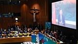 Chinese President Xi Jinping virtually addresses climate summit, Wednesday, Sept. 24, 2025, at U.N. headquarters.