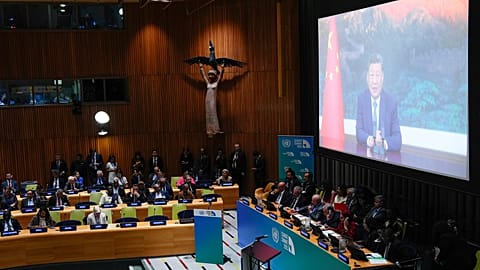 Chinese President Xi Jinping virtually addresses climate summit, Wednesday, Sept. 24, 2025, at U.N. headquarters.