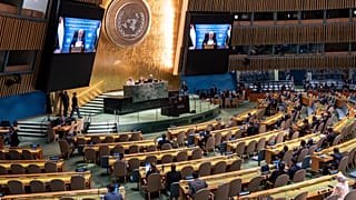 الرئيس الفلسطيني محمود عباس يلقي كلمة في الدورة الثمانين للجمعية العامة للأمم المتحدة عبر الفيديو في مقر الأمم المتحدة، الخميس 25 سبتمبر/أيلول 2025.