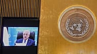 O Presidente palestiniano Mahmoud Abbas discursa na Assembleia Geral das Nações Unidas através de vídeo, 25 de setembro de 2025