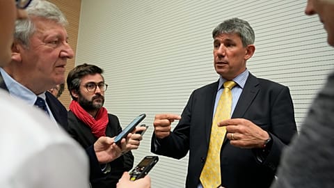 Caritas Internationalis secretary general Alistair Dutton meet the journalists at the Vatican, Tuesday, May 16, 2023. 