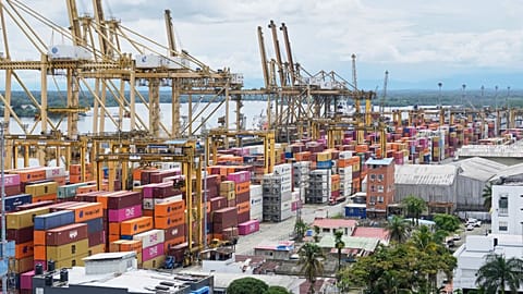 Containers sit at the seaport in Buenaventura, on Colombia's Pacific coast, Wednesday, April 9, 2025.
