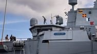 The German Navy air defense frigate FGS Hamburg F220 is docked in Copenhagen on Sunday, Sept. 28, 2025. 
