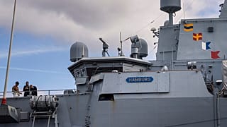 The German Navy air defense frigate FGS Hamburg F220 is docked in Copenhagen on Sunday, Sept. 28, 2025. 