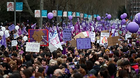 People, mostly women, gather during a rallyto mark the International Women's Day in Madrid, Spain.