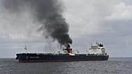 A view of the oil tanker Marlin Luanda on fire after an attack in the Gulf of Aden, 27 January, 2024