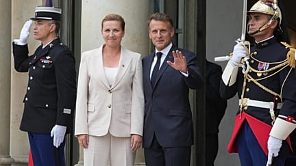 French President Emmanuel Macron, right, and Denmark's Prime Minister Mette Frederiksen at the Elysee Palace, in Paris, France, on 4 Sept., 2025.