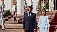 French President Emmanuel Macron poses with Moldova's President Maia Sandu, outside the country's presidency headquarters in Chisinau, Moldova, 27 August 2025.
